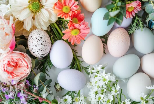 Elegant Easter Celebration With Decorated Eggs and Spring Flowers on a Pastel Background