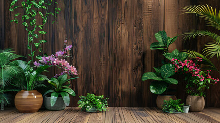 Set indoor flowers plants with wood background.