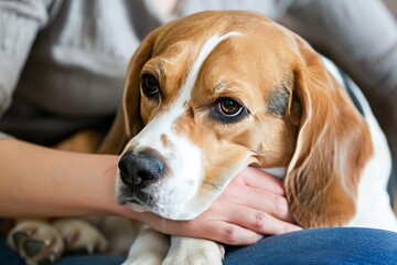 Close-Up of a Beagle Being Comforted by a Person Indoors