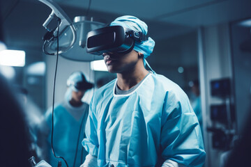 A medical professional surgeon wearing virtual reality headset in an operating theatre