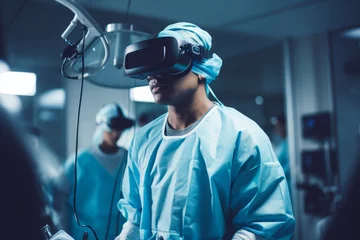 Poster A medical professional surgeon wearing virtual reality headset in an operating theatre © ink drop
