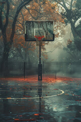 A lone basketball hoop stands shrouded in morning mist, surrounded by silent trees in a peaceful park
