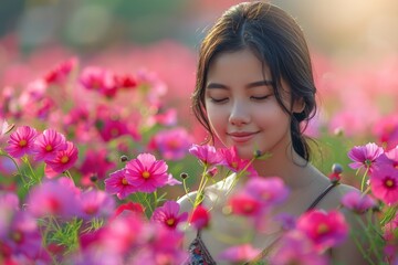 Naklejka premium young female gardener taking care of flowers