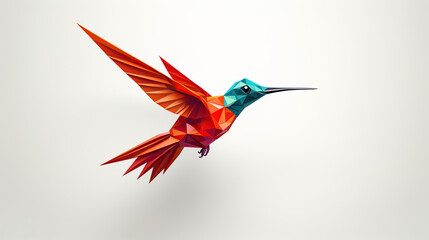 Origami hummingbird, bright little colibri bird in flight made of paper light background