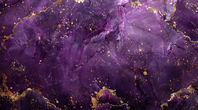 Abstract purple marble texture with gold splashes, purple luxury background