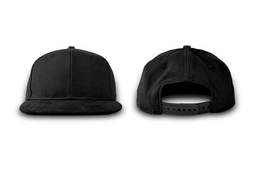 Fitted black hat from different angles isolated on a white background. Front, top, back and side view of black cap.Blank baseball snap back cap color black on white background. 3d rendering.