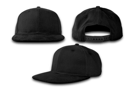 Fitted black hat from different angles isolated on a white background. Front, top, back and side view of black cap.Blank baseball snap back cap color black on white background. 3d rendering.