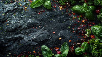 Spices and vegetable ingredients. Top view. Black stone cooking background. Free space for text