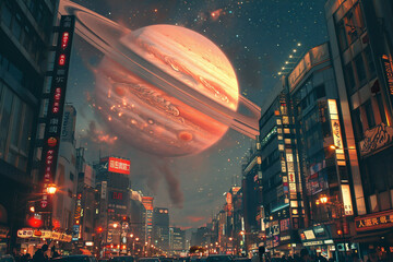 A city with the planet Saturn visible very close