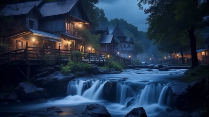 village view at night with river on the middle, village at night wallpaper and background