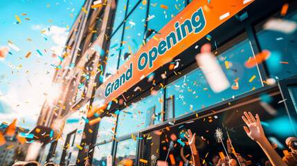 Festive Grand Opening Celebration with Colorful Confetti, Enthusiastic Crowd, and Vibrant Banner Signage, Capturing the Excitement of a New Business Launch
