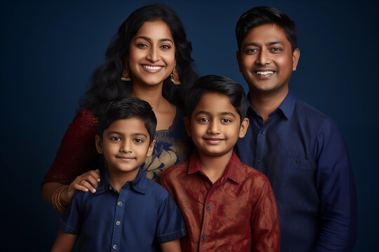 Illustration photo portrait of beautiful indian family. Parents with kids on studio background