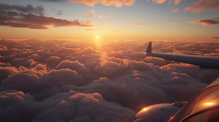 evening sky above the clouds seen from inside the plane - obrazy, fototapety, plakaty