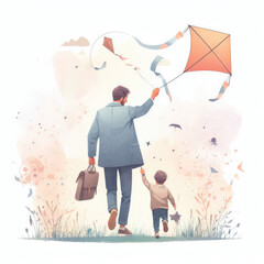 Father's Day Illustration. Beautiful Springtime Illustration with Father and Child. watercolor. - obrazy, fototapety, plakaty