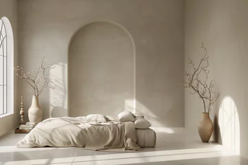 Poster décoration intérieure minimaliste, d'une chambre brute avec les murs en béton ciré, le lit au centre de la pièce face à la fenêtre et des céramiques non émaillées.  © Noble Nature
