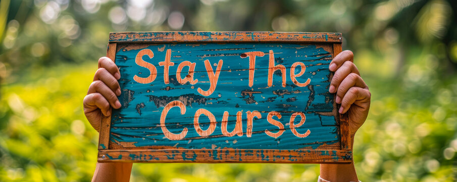Motivational Stay The Course sign held up with two hands, promoting persistence and dedication, set against a lush green outdoor background for inspiration