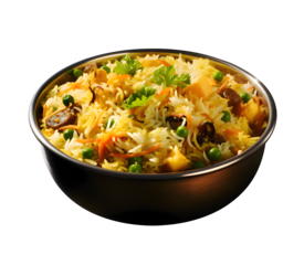 Vegetable Biryani and Indian Cuisine Basmati Rice Pilaf, Pulao With Peas or Matar Rice and Vegetables on white and transparent background