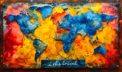 World map in watercolor with Let's travel inscription encourages exploration, adventure, global tourism, and the joy of discovering new destinations around the world