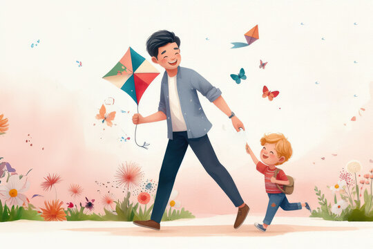 Greeting card design for Father's Day wishing and celebration, watercolor picture of dad and son flying a kite