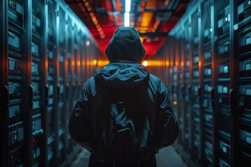 Cybersecurity Breach: Man in Black Jacket Enters Data Center - obrazy, fototapety, plakaty