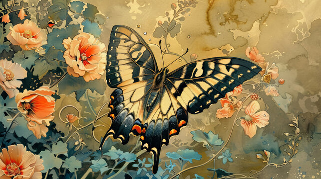 painting art of flowers an butterfly background, flural art