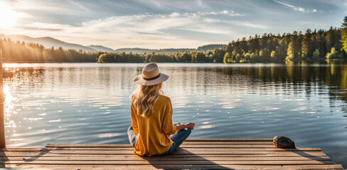 Facing back young woman , sitting on wooden pier on shore beautiful mountain lake at sunrise or sunset.
