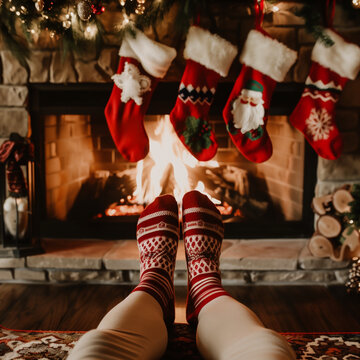 Vacances des fêtes de fin d'année. Pieds d'un homme allongé avec des chaussettes de noël, devant une cheminée avec un feu dans le foyer, avec des chaussettes de Noël accrochées à l'âtre. 