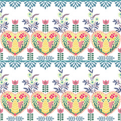 Polish ethnic seamless embroidery pattern with flowers and hearts inspired