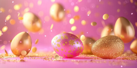 a group of golden easter eggs are falling from a pink background, 