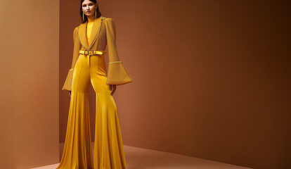 mannequin féminin habillée tout en jaune, avec un pantalon plissé, veste de tailleur, avec une ceinture dorée sur fond marron avec espace négatif pour texte copyspace - obrazy, fototapety, plakaty