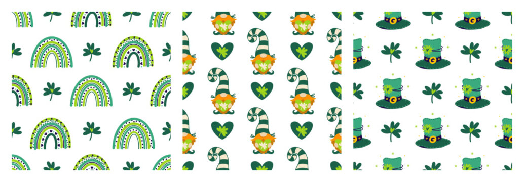 St. Patrick's Day seamless vector patterns set. Festive elements - funny gnome, leprechaun hat, green rainbow, four leaf clover, heart for good luck. Celebrating Irish holiday, cartoon backgrounds