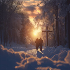 couple se promenant sur une route enneigée de forêt et arrivant à hauteur d'une croix chrétienne en bois, croix de chemin moyenâgeuse, ou calvaire catholique. - obrazy, fototapety, plakaty