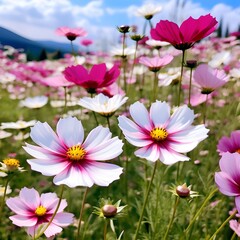 Fototapeta premium In a blooming field of wildflowers, colors explode like fireworks against the canvas of green. Every step unleashes a fragrant symphony as petals sway in the gentle breeze
