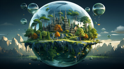 Exploring the Natural World: A Journey Through Earth, Sky, and Space with Bubbles, Trees, and Water in a Glass Environment, generative AI