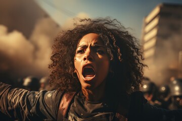 Group of multiracial peace activists walking on the street holding posters and banners - Diverse crowd of antiwar people protesting against war