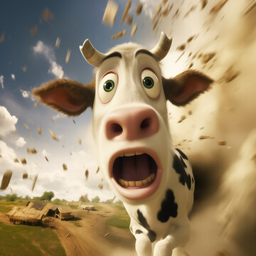 Tornade qui attrape une vache, qui s'envole et se montre surprise avec la bouche grande ouverte et les yeux &eacute;carquill&eacute;s. Tornade et catastrophes naturelles. Style cartoon 3d