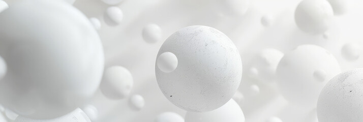 white balls with different texture on a light background fluid motion, white circle shape on white background