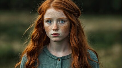 A fair maiden of Irish stock with strawberry tresses, sky blue eyes and a facial dusting of speckles. - obrazy, fototapety, plakaty