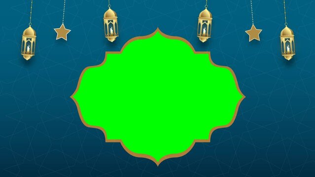 Blue and gold color Eid mubarak islamic design concept with hanging ramadan candle lantern, Abstract background animation 4K, Green Screen