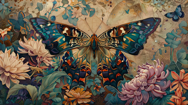painting art of flowers an butterfly background, flural art