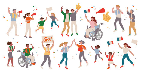 Supporters cheering for their team, people happily watching sports, spectators watching the game. Vector illustration set. オリンピックを応援するサポーター、楽しそうにスポーツ観戦する人々、試合を観戦する観客たち、応援する子供たちのベクターイラスト素材セット