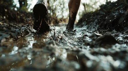 Close-up of Muddy Trail Running Shoes in Action. A close-up shot captures the dynamic movement of trail running shoes splashing through a muddy forest path.