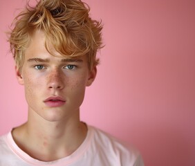 Retrato de un guapo  chico joven de pelo rubio en un fondo rosa - obrazy, fototapety, plakaty