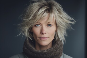 Portrait of a beautiful woman with short blond hair and a scarf