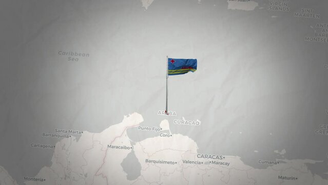 Aruba map.Aerial Views of Aruba's Flag Above the Map.