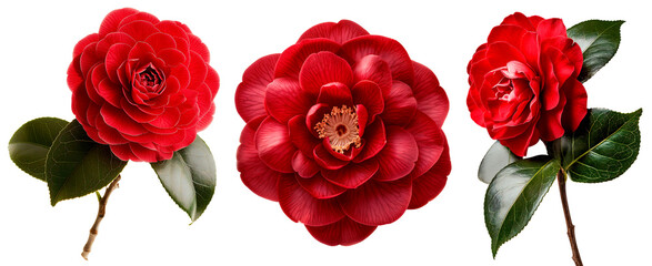 Red camellia semi-double form open flower and leaves isolated transparent. Japanese symbol of love.