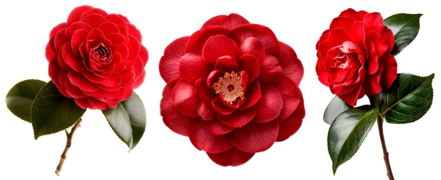 Red camellia semi-double form open flower and leaves isolated transparent. Japanese symbol of love.