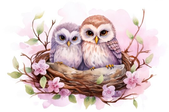 A painted pair of owls in a nest with flowers on a white background