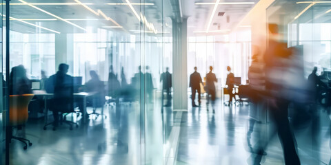  empty glass office with various people sitting and working,  blurry images of company executives and employees in an office