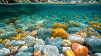 Fototapeta na wymiar Multicolored pebbles in sea water near the shore.